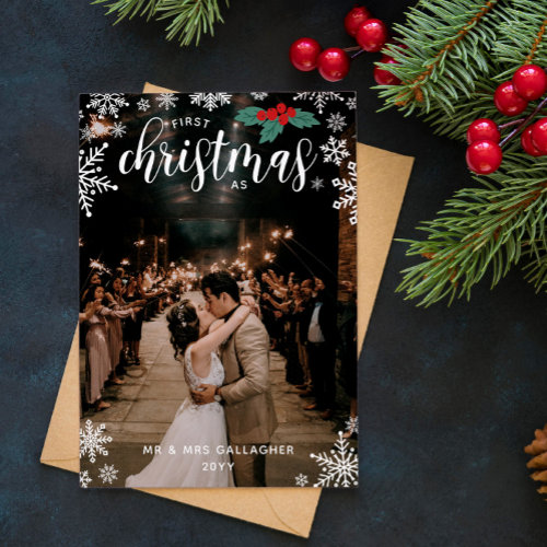 Red Holly Snowflakes 1st Christmas Wedding Photo Holiday Card