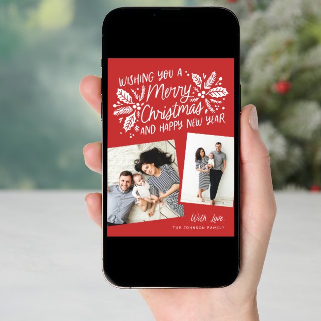 Red Holly Tilted Snapshot 2 Photo Christmas Holiday Card (Front Digital)