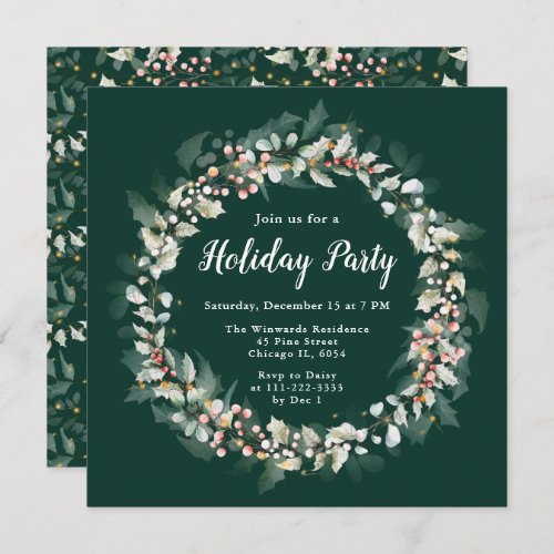 Red Holly Wreath Holiday Party Invitation