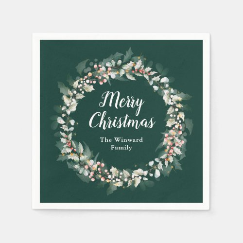 Red Holly Wreath Merry Christmas Napkins