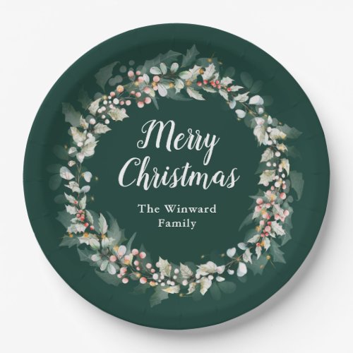 Red Holly Wreath Merry Christmas Paper Plates