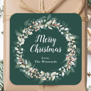 Red Holly Wreath Merry Christmas Square Sticker