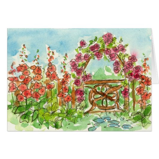 Red Hollyhock Watercolor Flowers Garden Gate Blank (Front Horizontal)