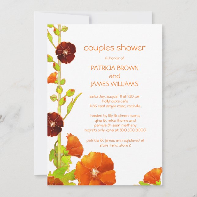 Red Hollyhocks Floral Wedding Couples Shower Invitation (Front)