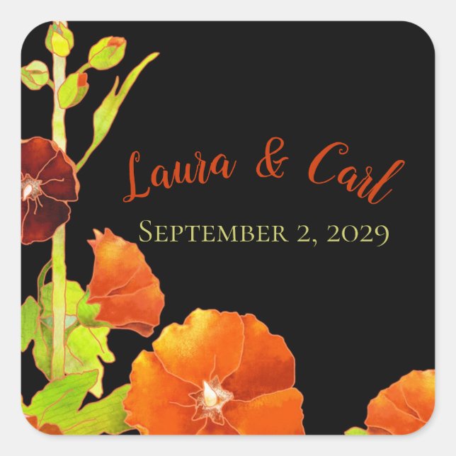 Red Hollyhocks Wedding Favor Square Sticker (Front)