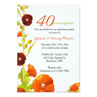 Red Hollyhocks White 40th Wedding Anniversary Invitation