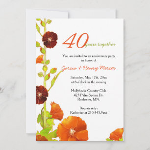Red Hollyhocks White 40th Wedding Anniversary Invitation