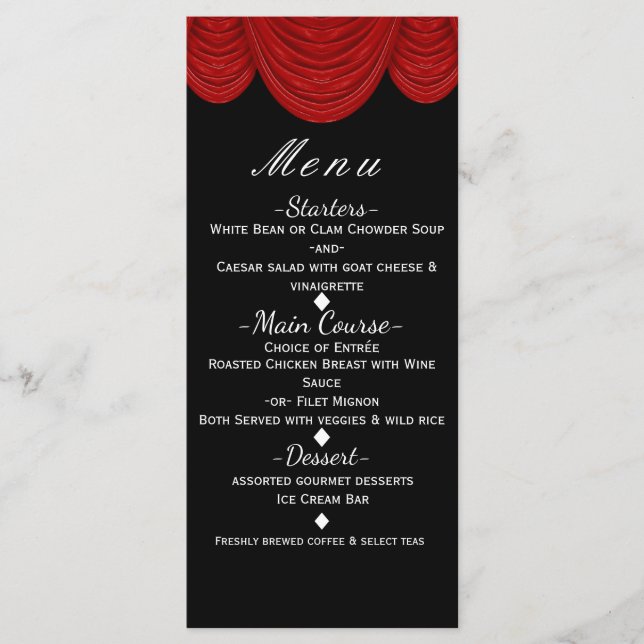 Red HOLLYWOOD Curtains Elegant Glam Party Menu (Front)