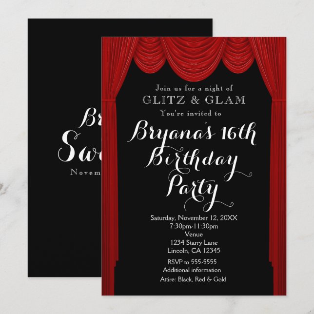 Red HOLLYWOOD Curtains Elegant Party Invitations (Front/Back)