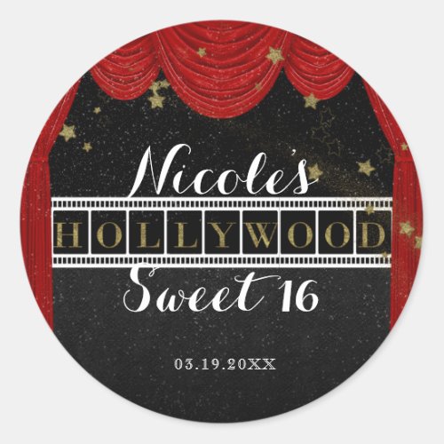 Red HOLLYWOOD Curtains  Gold Party Custom Favor Classic Round Sticker