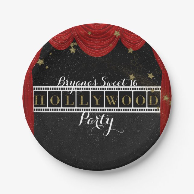 Red HOLLYWOOD Curtains & Gold Party Custom Paper Plates (Front)