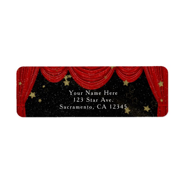 Red HOLLYWOOD Curtains & Gold Party Invitation Label (Front)