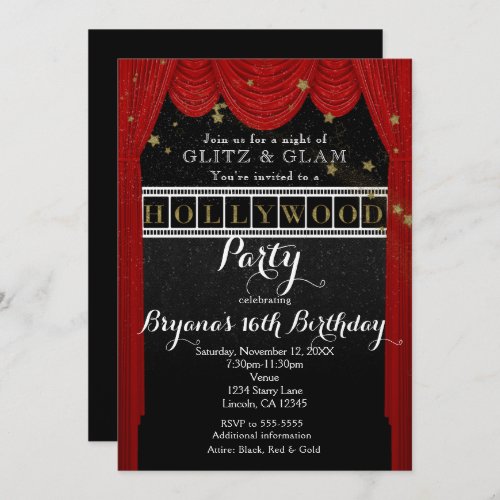 Red HOLLYWOOD Curtains  Gold Party Invitations