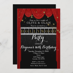 Red HOLLYWOOD Curtains & Gold Party Invitations
