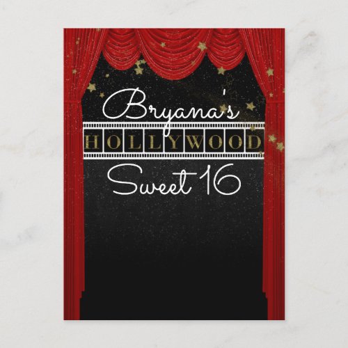 Red HOLLYWOOD Curtains  Gold Party Save the Date Announcement Postcard