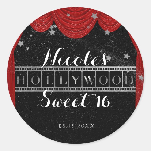 Red HOLLYWOOD Curtains & Silver Party Custom Classic Round Sticker (Front)