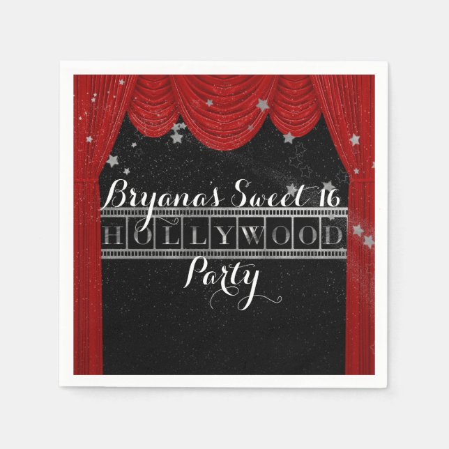 Red HOLLYWOOD Curtains & Silver Party Custom Napkins (Front)
