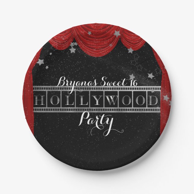 Red HOLLYWOOD Curtains & Silver Party Custom Paper Plates (Front)