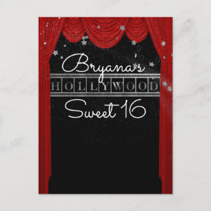 Red HOLLYWOOD Curtains & Silver Star Save the Date Announcement Postcard