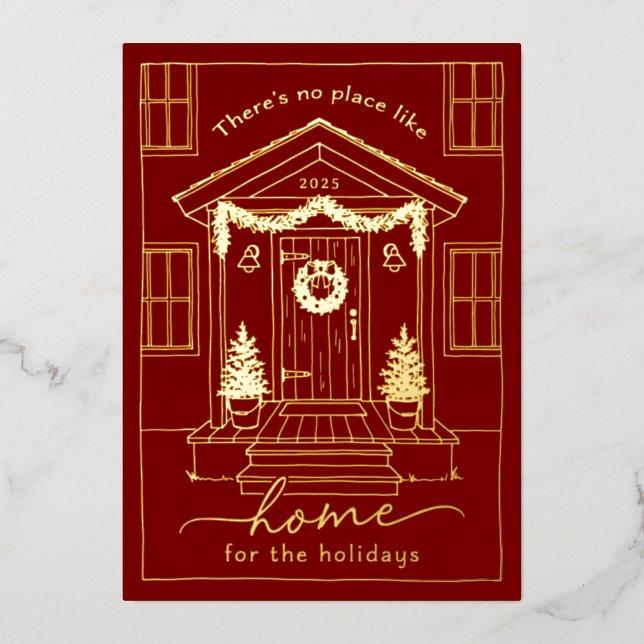 Red Home for the Holidays Realtor Christmas Gold Foil Holiday Card (Front)