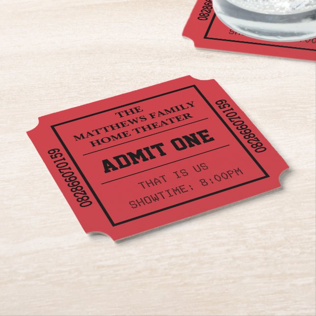 Red Home Theater Personalized Movie Ticket Paper Coaster (Angled)