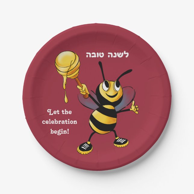Red Honey Bee Rosh HaShana Paper Plates (Front)
