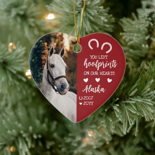 Red Hoofprints On Our Hearts Horse Photo Ceramic Ornament