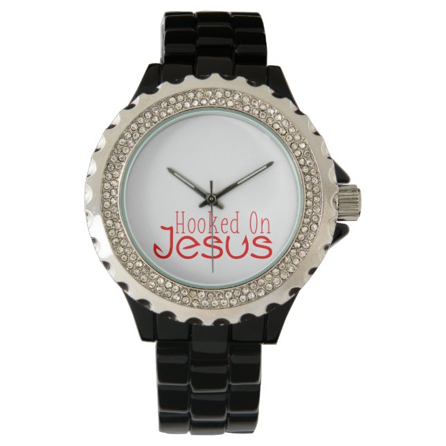 Red Hooked On Jesus Black Rhinestone Watch (Front)