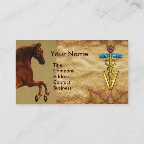 RED HORSE AND GOLD CADUCEUS VETERINARY SYMBOL BUSINESS CARD