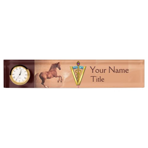 RED HORSE AND GOLD CADUCEUS VETERINARY SYMBOL DESK NAME PLATE