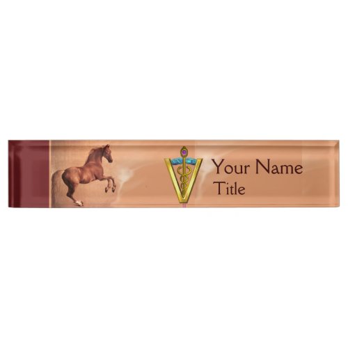 RED HORSE AND GOLD CADUCEUS VETERINARY SYMBOL NAMEPLATE