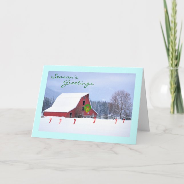 Red Horse Barn in Winter, Seasons Greetings Holiday Card (Front)