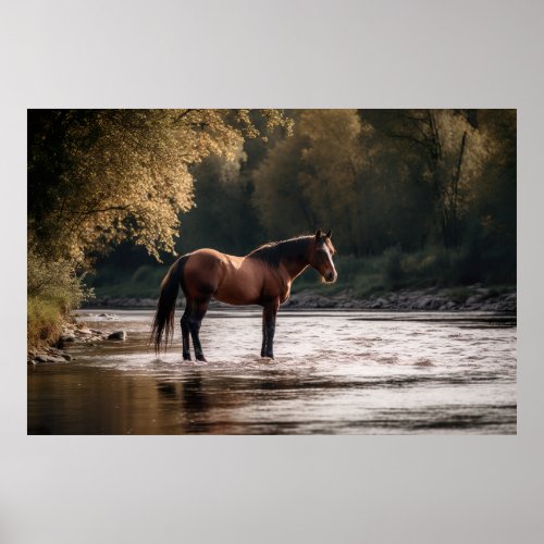 Red Horse by the Riverbank Poster