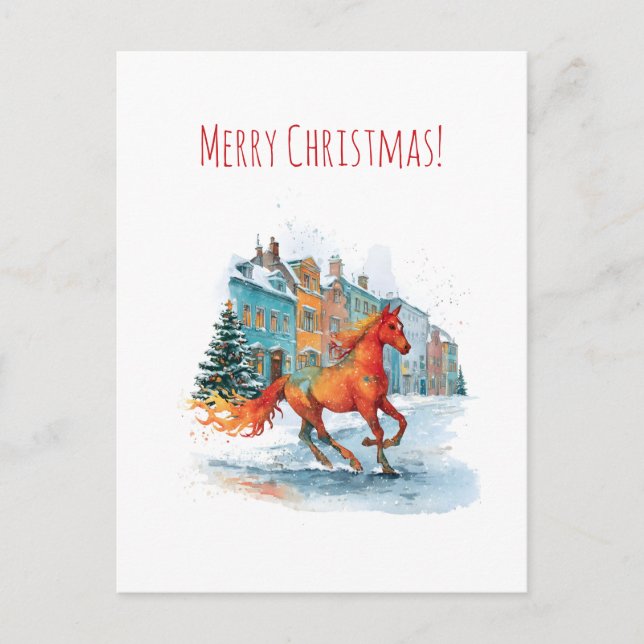 Red horse galloping through a snowy, Christmas Holiday Postcard (Front)
