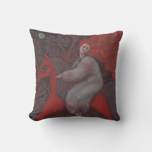 “Red Horse”, ginger woman, folk art, earth shades Throw Pillow