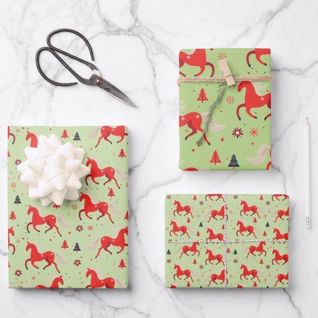 Red Horses Design Wrapping Paper Sheets (Front)