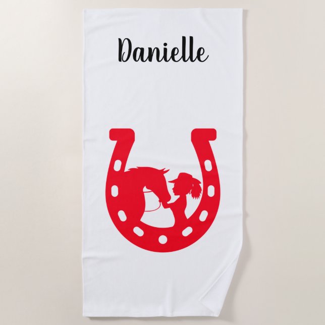 Red Horseshoe Girl and Horse Beach Towel (Front)
