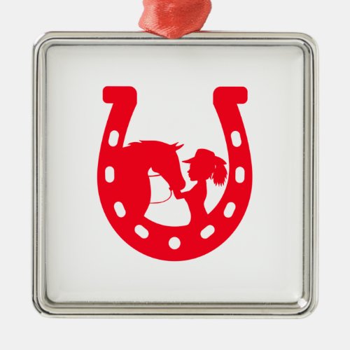 Red Horseshoe Girl and Horse Metal Ornament