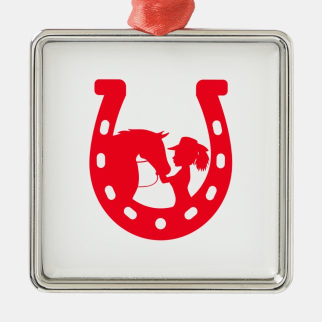 Red Horseshoe Girl and Horse Metal Ornament (Front)