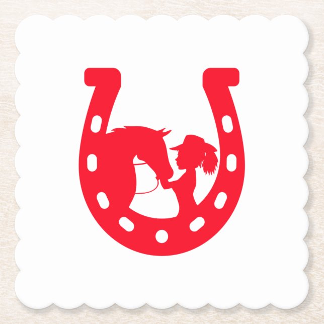 Red Horseshoe Girl and Horse Paper Coaster (Front)