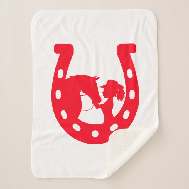 Red Horseshoe Girl and Horse Sherpa Blanket (Front)
