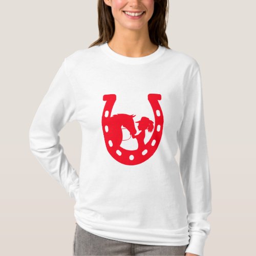 Red Horseshoe Girl and Horse T_Shirt