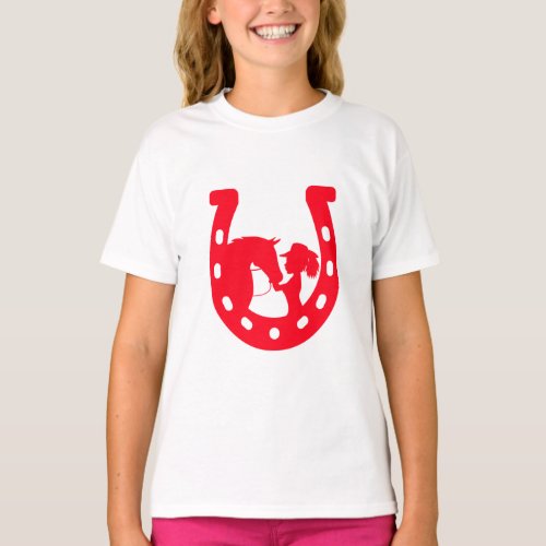 Red Horseshoe Girl and Horse T_Shirt