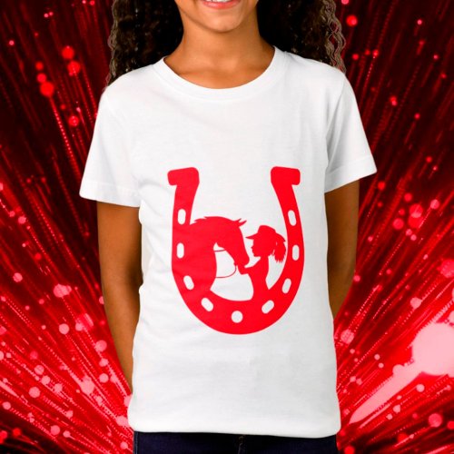 Red Horseshoe Girl and Horse T_Shirt