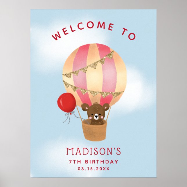 Red Hot Air Balloon Birthday Party Welcome Sign (Front)