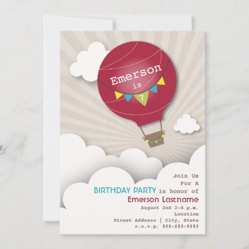 Red Hot Air Balloon  Clouds Kids Birthday Invitation