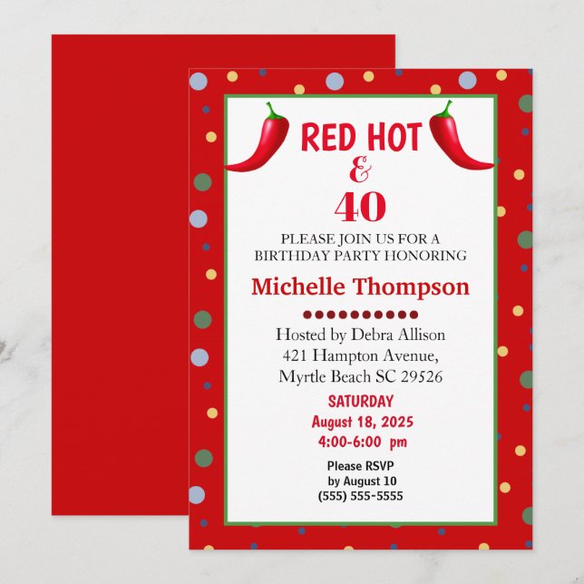 Red Hot and 40 Chili Pepper  Birthday Invitations (Front/Back)