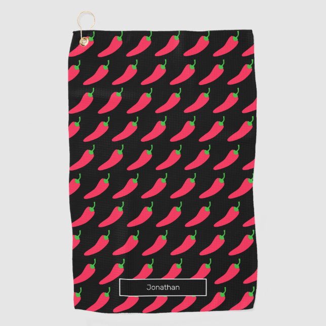 Red Hot Chili Pattern Add Your Name Fun Novelty Golf Towel (Front)