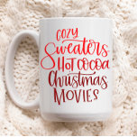 Red Hot Cocoa Christmas  Two-Tone Coffee Mug<br><div class="desc">Oh the things that make the holiday what it is! Drink your hot cocoa with marshmallows in this lovely "cozy sweaters, hot cocoa, Christmas movies" whimsical typography design using various shades of red, with a monogram which you can customize by selecting “personalize this template”. For questions or requests regarding this...</div>