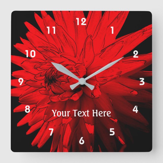 Red Hot Dahlia Flower Personalized Square Wall Clock (Front)